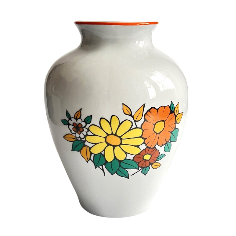 Jarrón vintage de porcelana con motivos florales, Polonia 1980