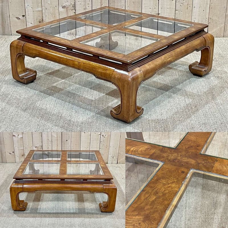 Vintage glass and walnut burl coffee table, England 1970