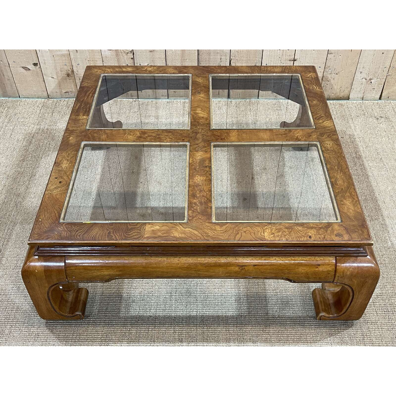 Table basse vintage en verre et loupe de noyer, Angleterre 1970