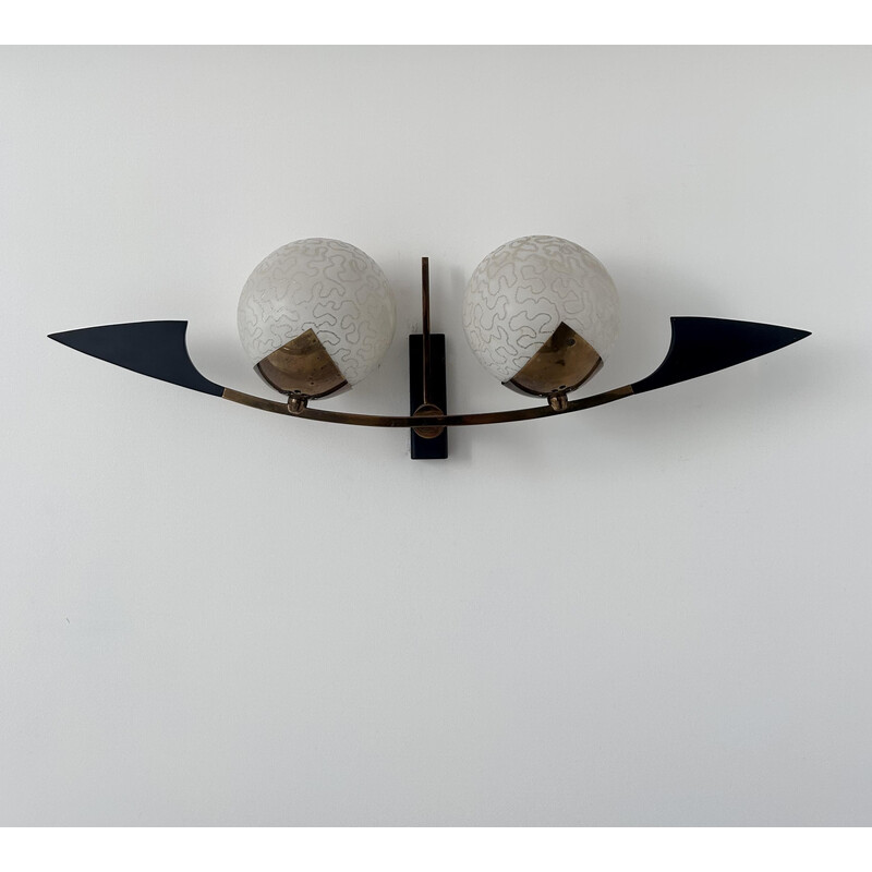 Vintage wall lamp in brass and opaline glass for Arlus, France 1960