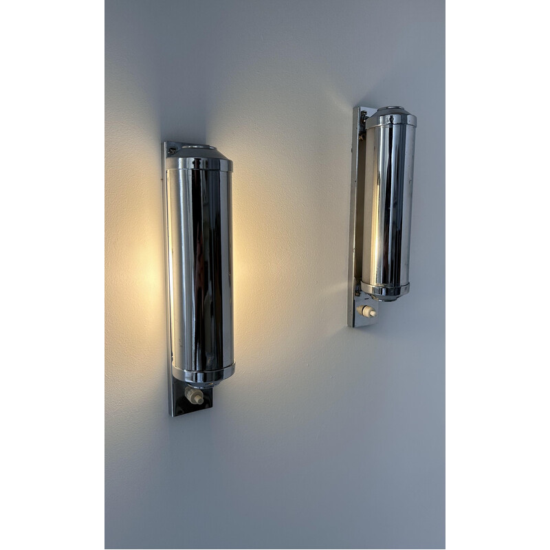 Pair of vintage wall lamp in chrome steel and sandblasted glass, France 1930