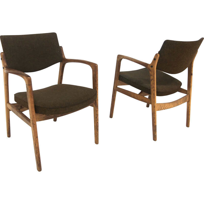 Pair of vintage oak and fabric armchairs by Bondo Graversen, Denmark 1960