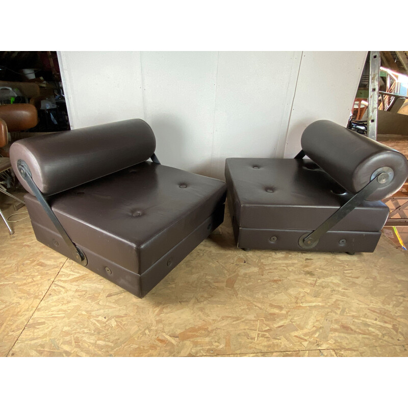 Pair of vintage brown leather armchairs by Jean-Michel Wilmotte for Tecno, Italy 1990