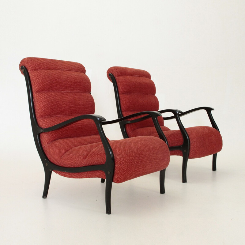 Paire de fauteuils rouges molletonnés Mitzi d'Ezio Longhi pour Elam - 1950