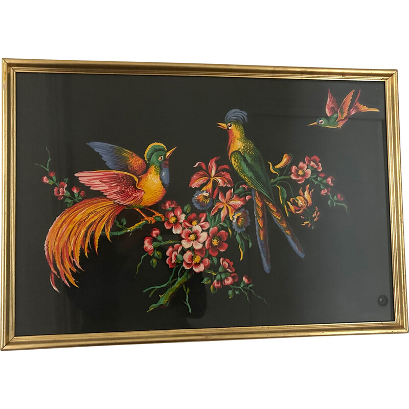 Vintage painting decorated with birds and gilded wood frame, 1950