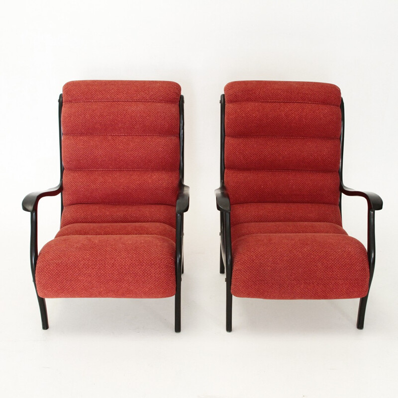 Pair of Mitzi red fleece armchair by Ezio Longhi for Elam - 1950s