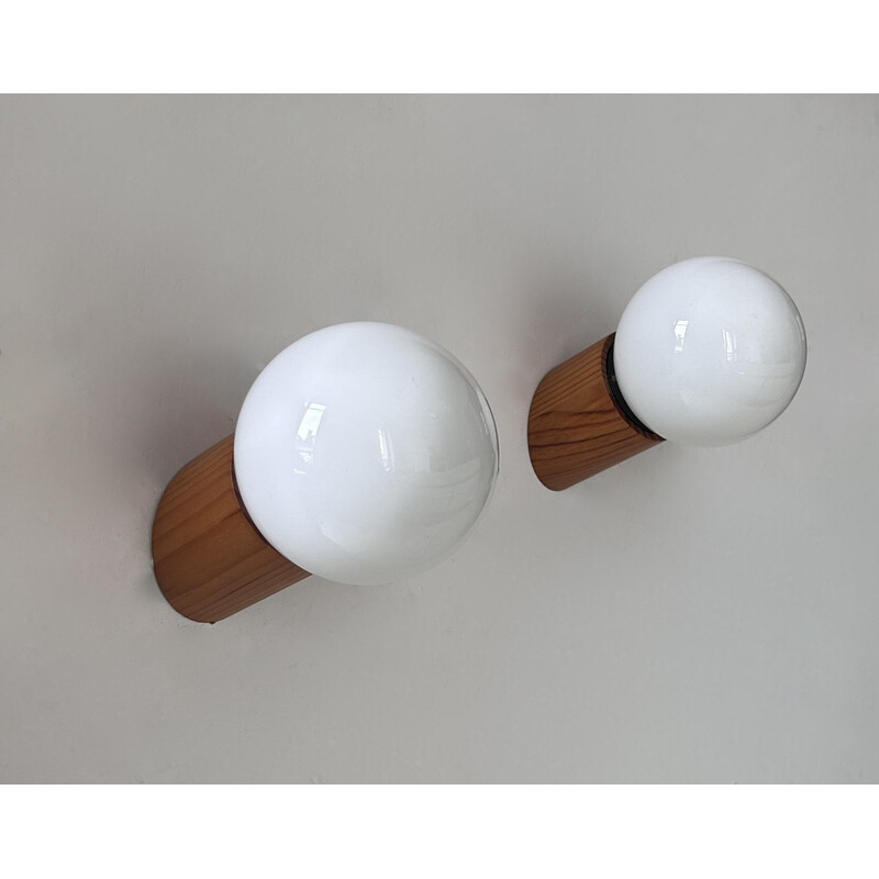 Pair of vintage pine and opaline glass wall lamp, Sweden 1970