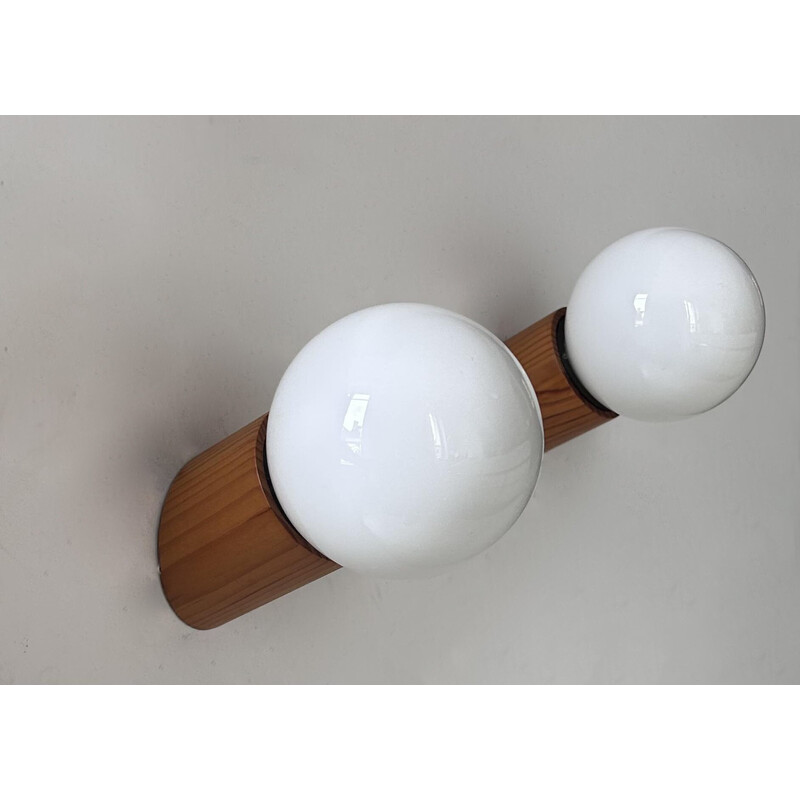 Pair of vintage pine and opaline glass wall lamp, Sweden 1970