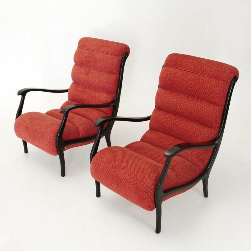 Pair of Mitzi red fleece armchair by Ezio Longhi for Elam - 1950s