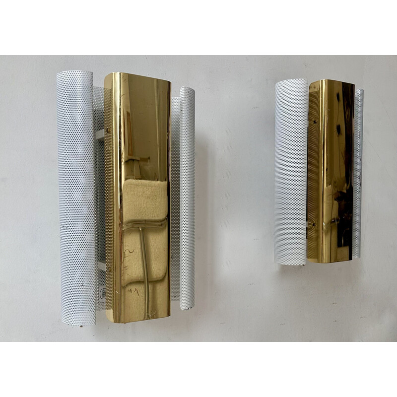 Pair of vintage wall lamp in brass and white perforated metal by Hans Agne Jakobsson, Sweden 1980