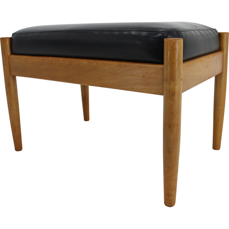 Vintage leather and beech stool, Denmark 1960