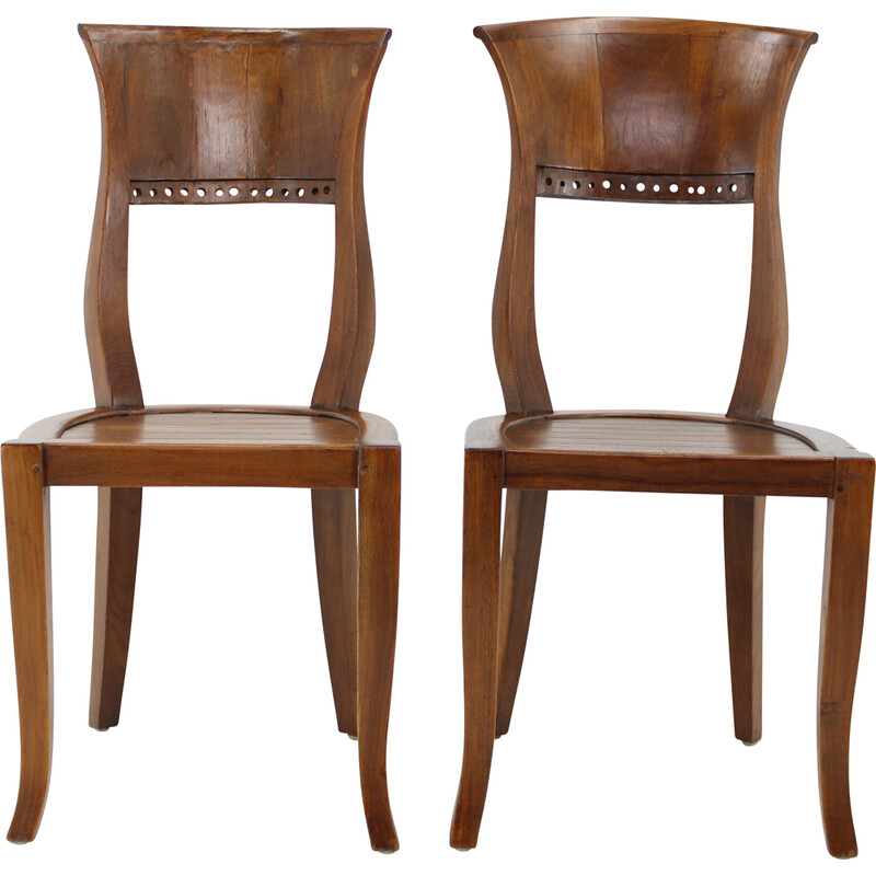 Pair of vintage solid teak chairs, India 1980