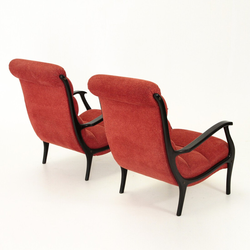 Pair of Mitzi red fleece armchair by Ezio Longhi for Elam - 1950s