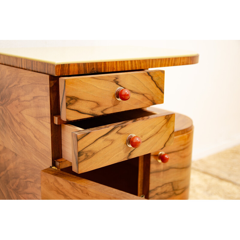 Vintage Art Deco bedside table in walnut and glass, Czechoslovakia 1930