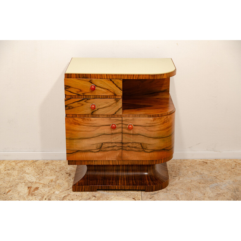 Vintage Art Deco bedside table in walnut and glass, Czechoslovakia 1930