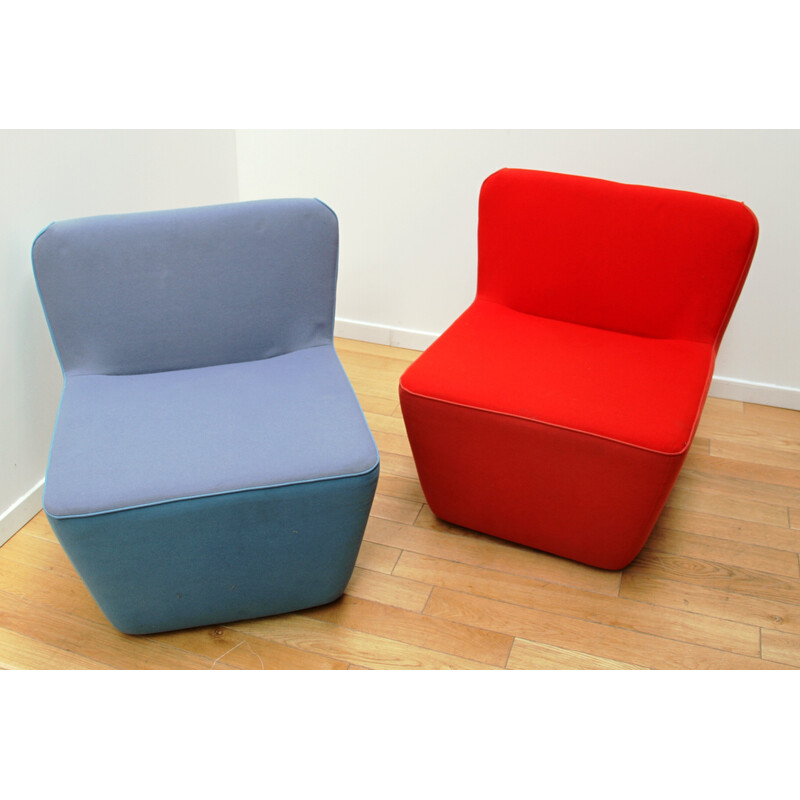 Pair of vintage Tea chairs in red and blue fabric for Sancal, Spain