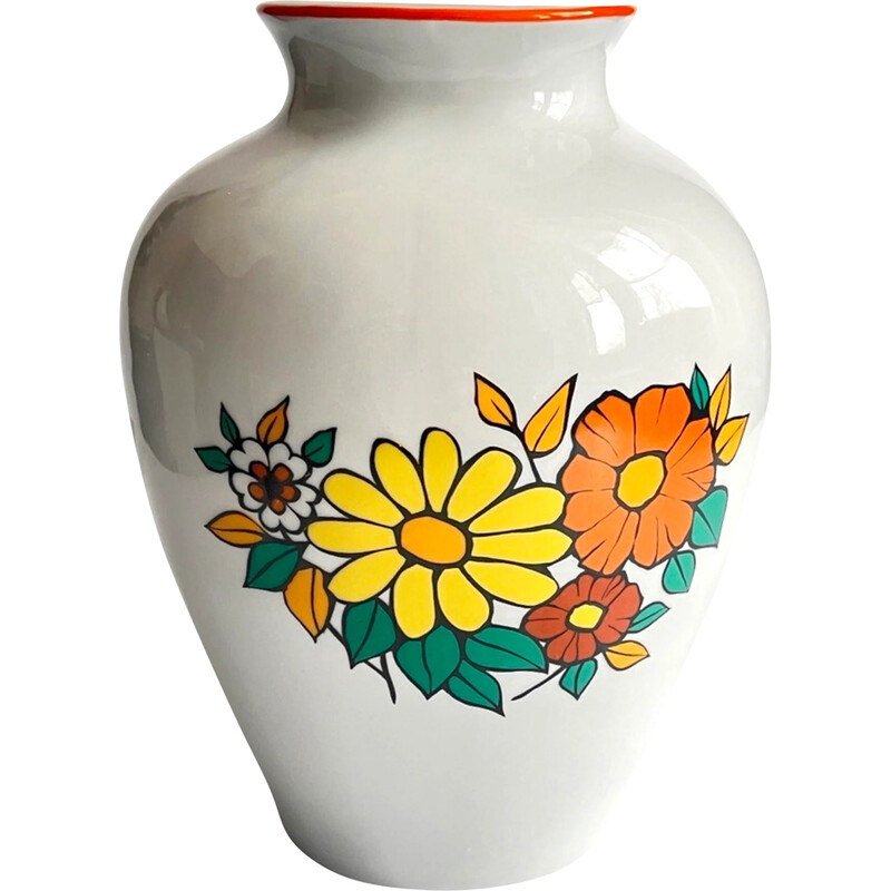 Jarrón vintage de porcelana con motivos florales, Polonia 1980