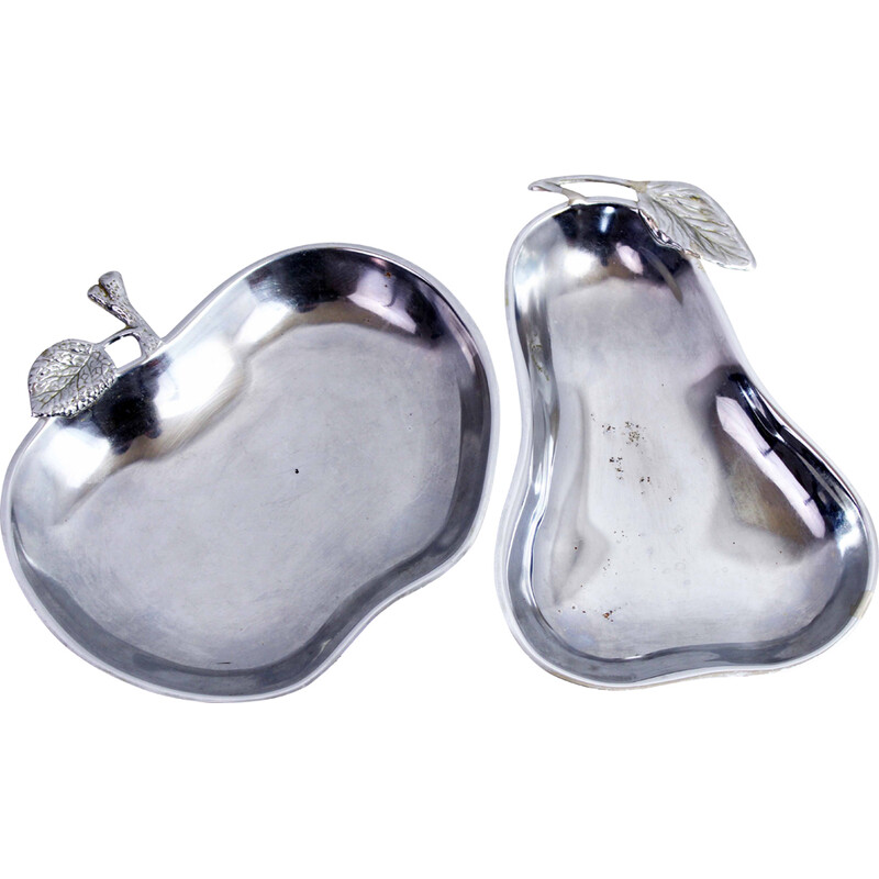 Pair of vintage “apple and pear” pockets in silver metal, 1970