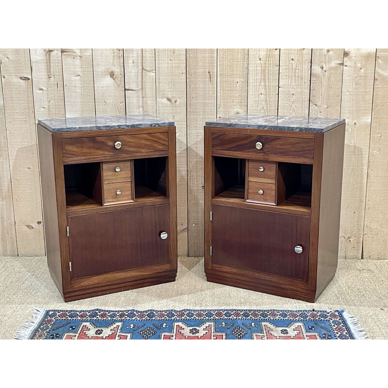 Pair of vintage Art Deco bedside tables in mahogany and marble
