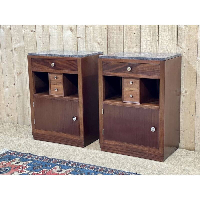 Pair of vintage Art Deco bedside tables in mahogany and marble