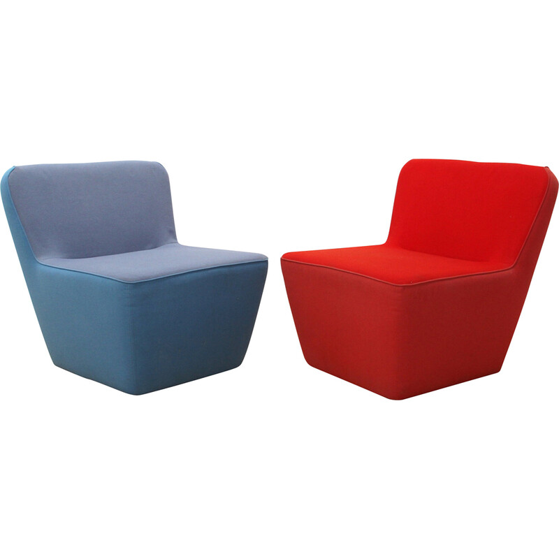 Pair of vintage Tea chairs in red and blue fabric for Sancal, Spain