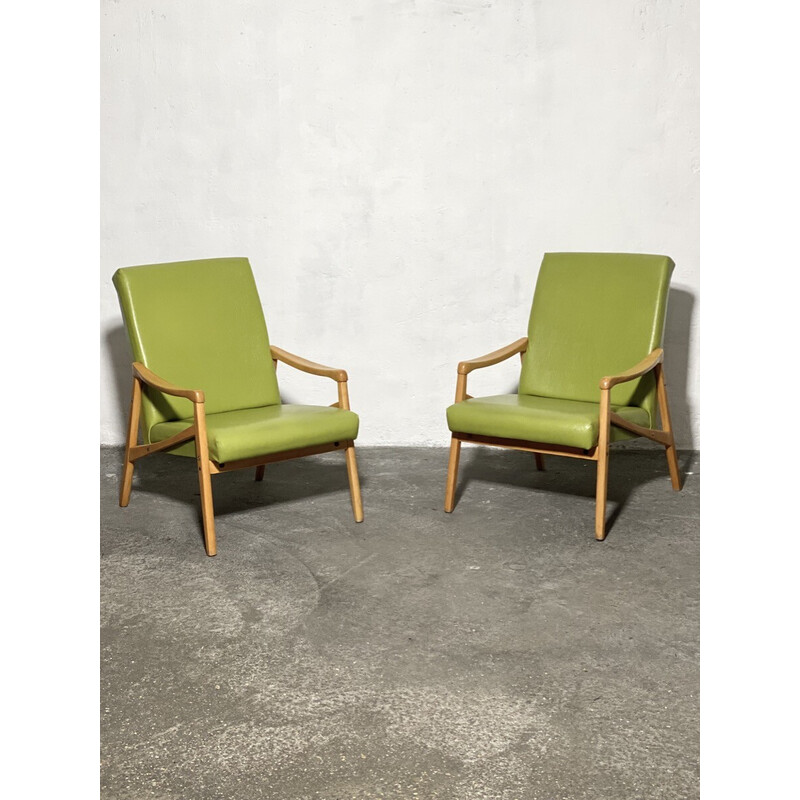 Paar vintage fauteuils in groen moleskin, 1960