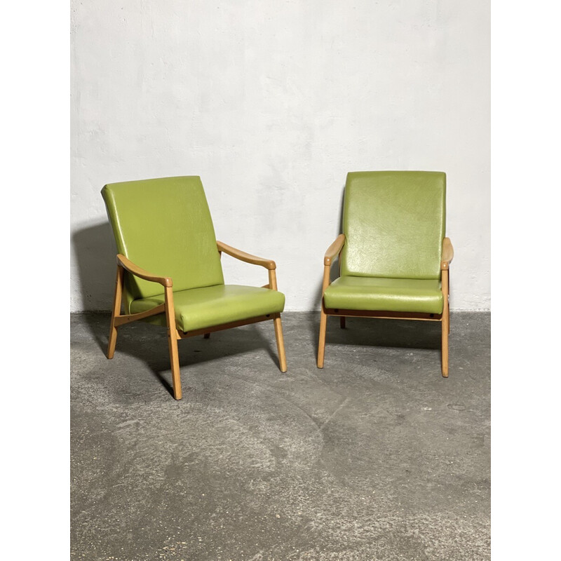 Pair of vintage armchairs in green moleskin, 1960