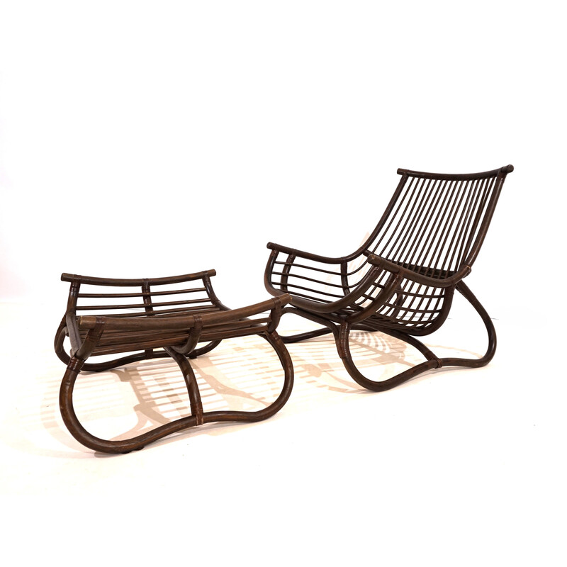 Vintage Manou armchair with rattan ottoman, 1960