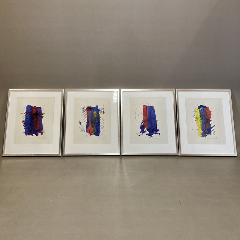 Ensemble de 4 tableaux vintage en technique mixte sur papier par Peder Meinert, 1990