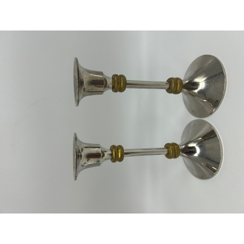 Pair of vintage chrome and brass candlesticks, 1970