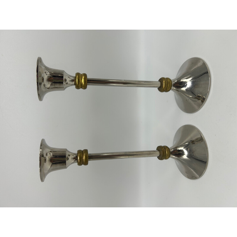 Pair of vintage chrome and brass candlesticks, 1970