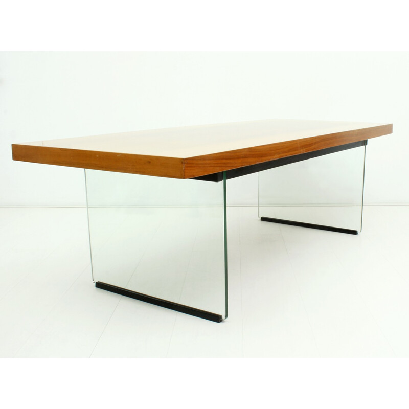 Glass & walnut rectangular coffee table - 1950s