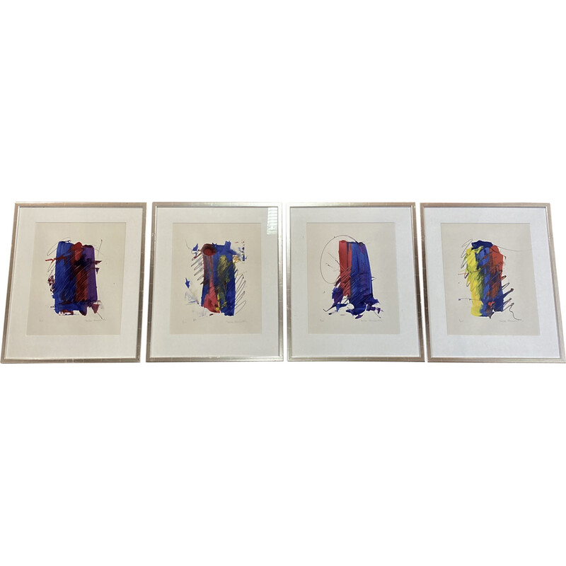 Conjunto de 4 pinturas vintage de técnica mista sobre papel de Peder Meinert, 1990