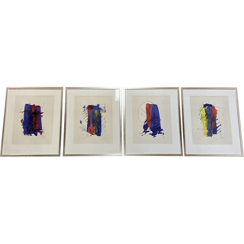 Conjunto de 4 pinturas vintage de técnica mixta sobre papel de Peder Meinert, 1990