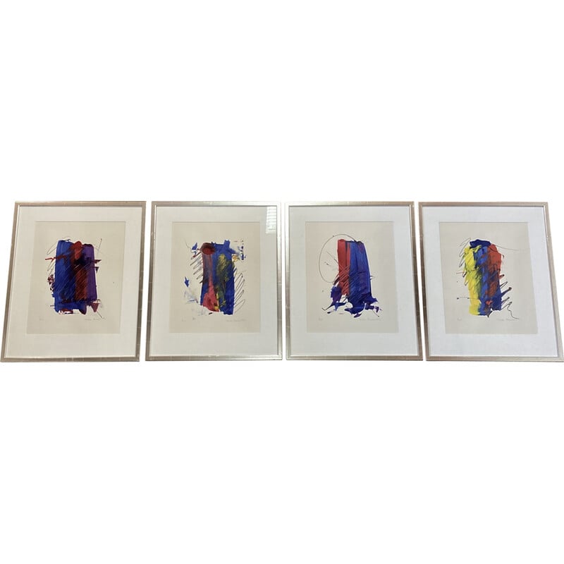 Lot de 4 tableaux vintage en technique mixte sur papier par Peder Meinert, 1990