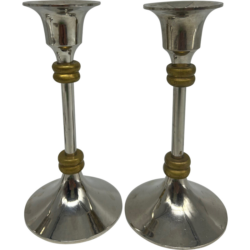 Pair of vintage chrome and brass candlesticks, 1970