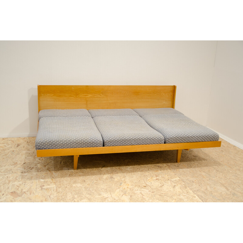 Vintage sofa bed in beech wood and fabric, Czechoslovakia 1960