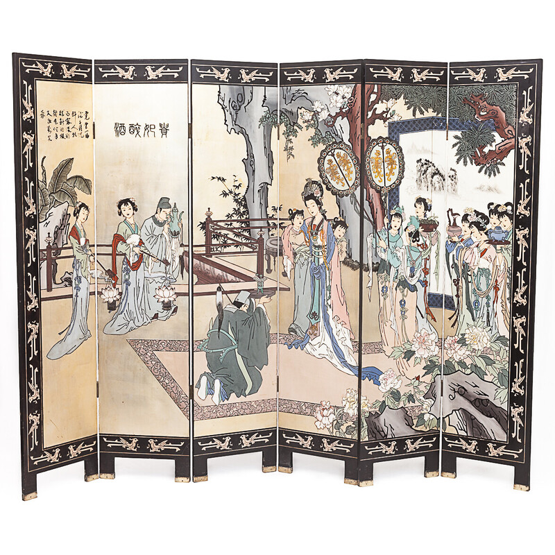 Biombo vintage de doble cara que representa una escena de la vida imperial, China
