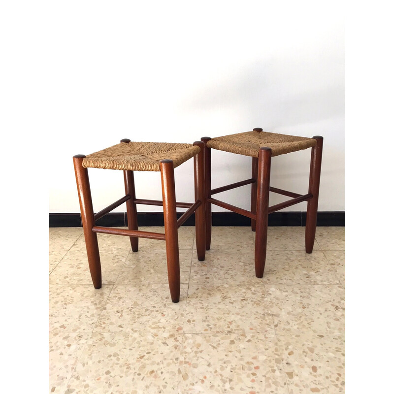 Pair of vintage stools in wood and straw, 1960
