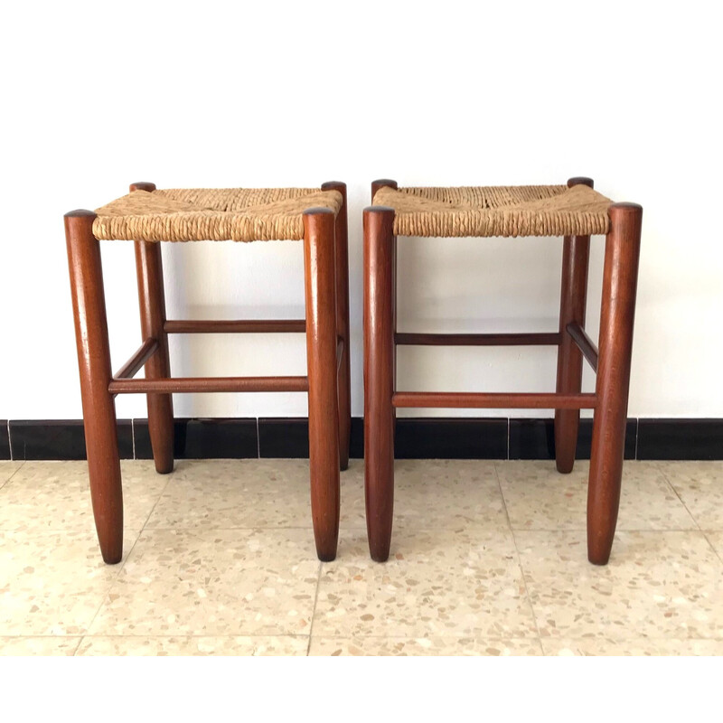 Pair of vintage stools in wood and straw, 1960