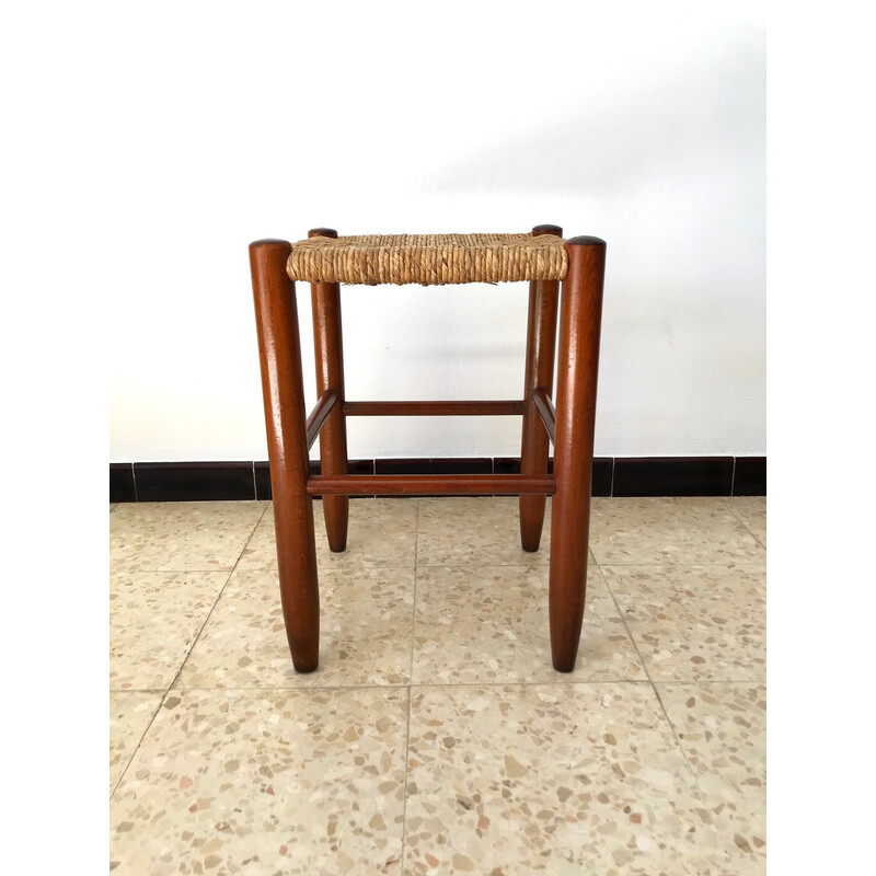 Pair of vintage stools in wood and straw, 1960