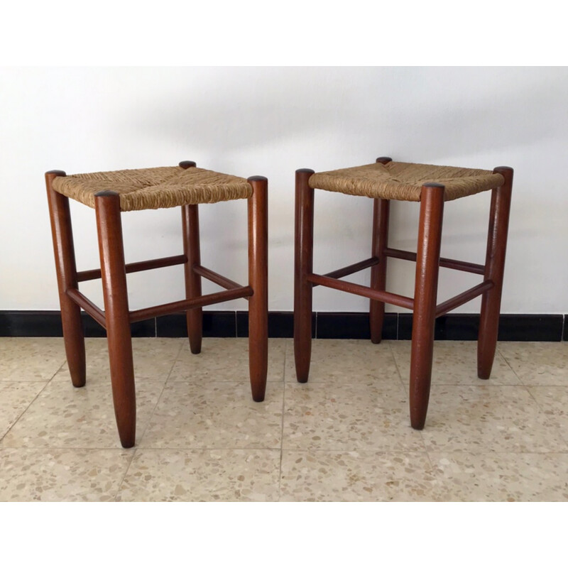 Paire de tabourets vintage en bois et paille, 1960