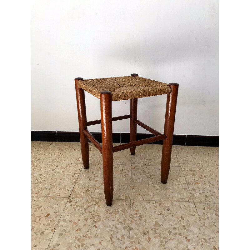 Pair of vintage stools in wood and straw, 1960