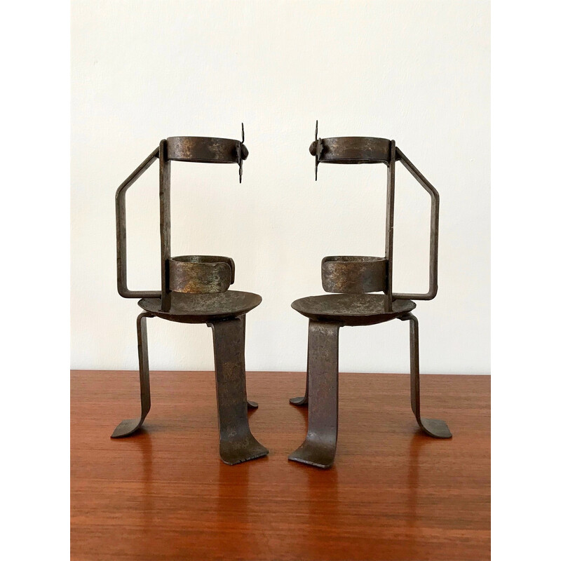Pair of vintage Popular Art candlesticks in wrought iron, 1970