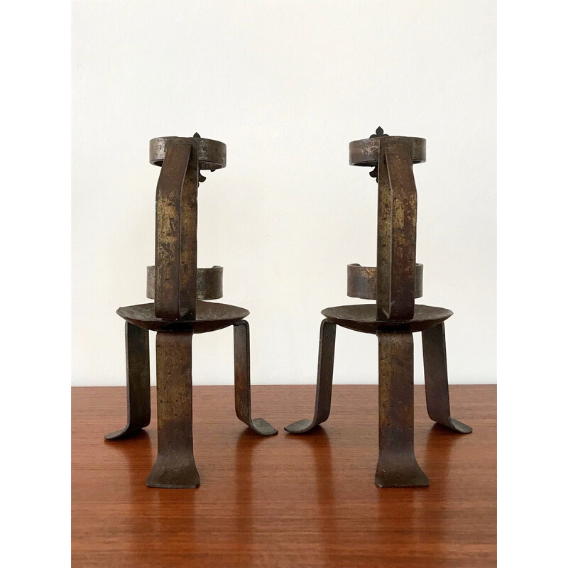 Pair of vintage Popular Art candlesticks in wrought iron, 1970