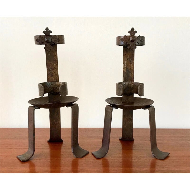 Pair of vintage Popular Art candlesticks in wrought iron, 1970