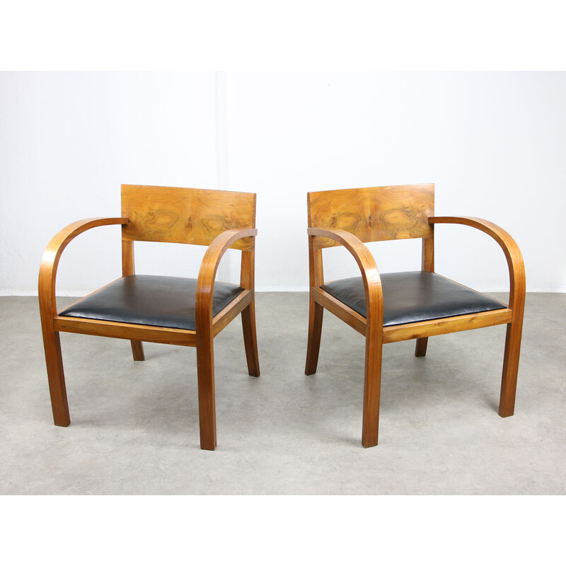 Pair of vintage Art Deco armchairs in wood and black imitation leather, Italy