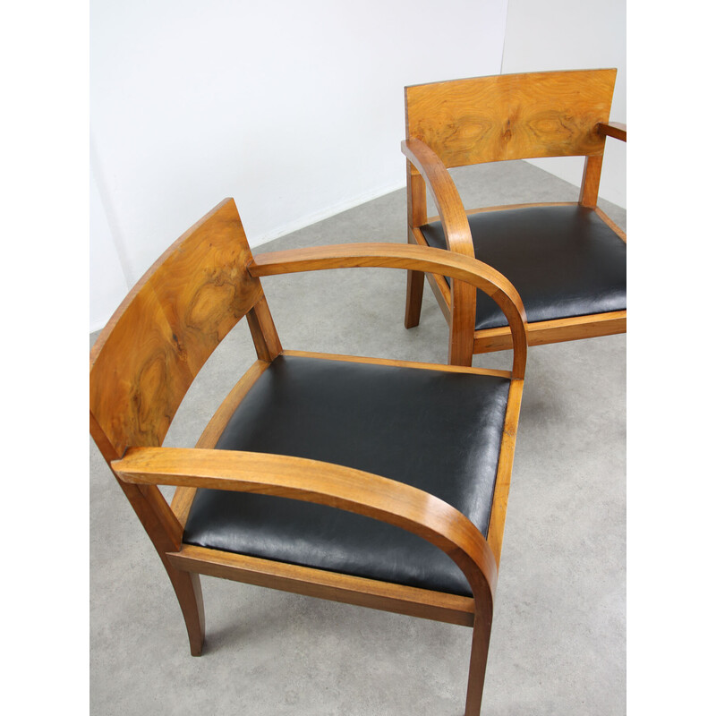 Paar vintage Art Deco fauteuils in hout en zwart kunstleer, Italië