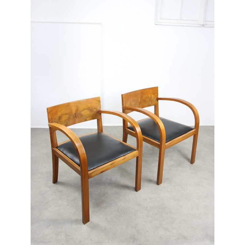 Pair of vintage Art Deco armchairs in wood and black imitation leather, Italy