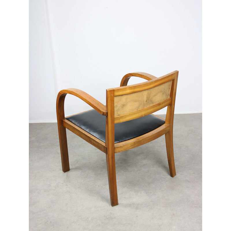 Paar vintage Art Deco fauteuils in hout en zwart kunstleer, Italië